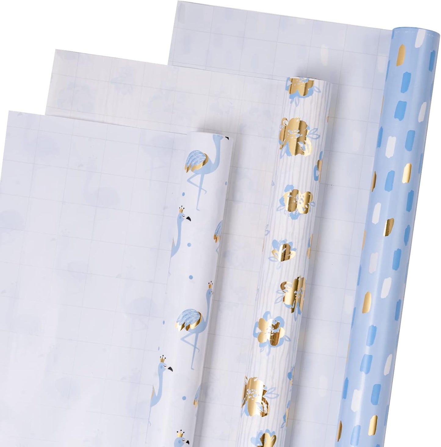 Gold Foil Wrapping Paper - Mini Roll - Flower/Flamingo/Terrazzo Print for Wedding, Bridal Shower, Birthday - 17 X 120 Inches - 3 Rolls (42.5 Sq.Ft.Ttl.)