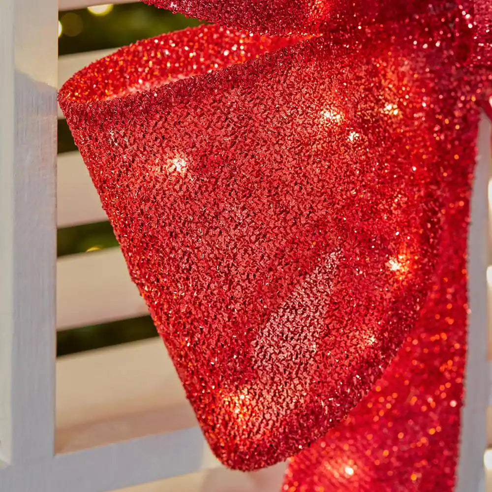 24 In. Yuletide Lane LED Red Tinsel Bow Holiday Yard Decoration