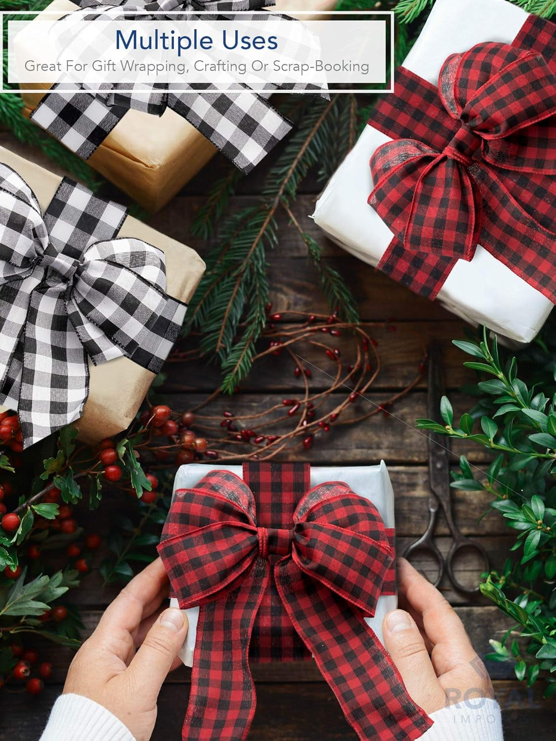 Buffalo Checkered Plaid Christmas Ribbon Wired, Black/Red, 2.5" (#40) Gingham Design for Bow Making, Gift Wrapping, Wreaths, Holiday, 50 Yd Roll (150 FT Spool)