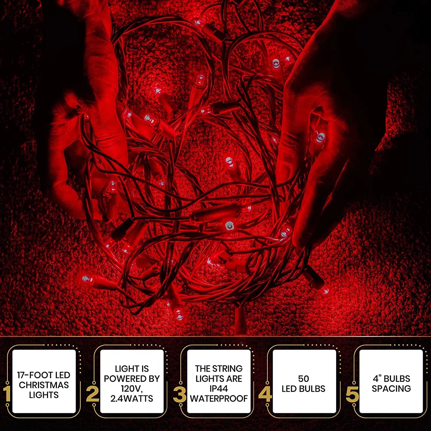 50 LED Mini Christmas String Lights 120V UL588 (50, Red)