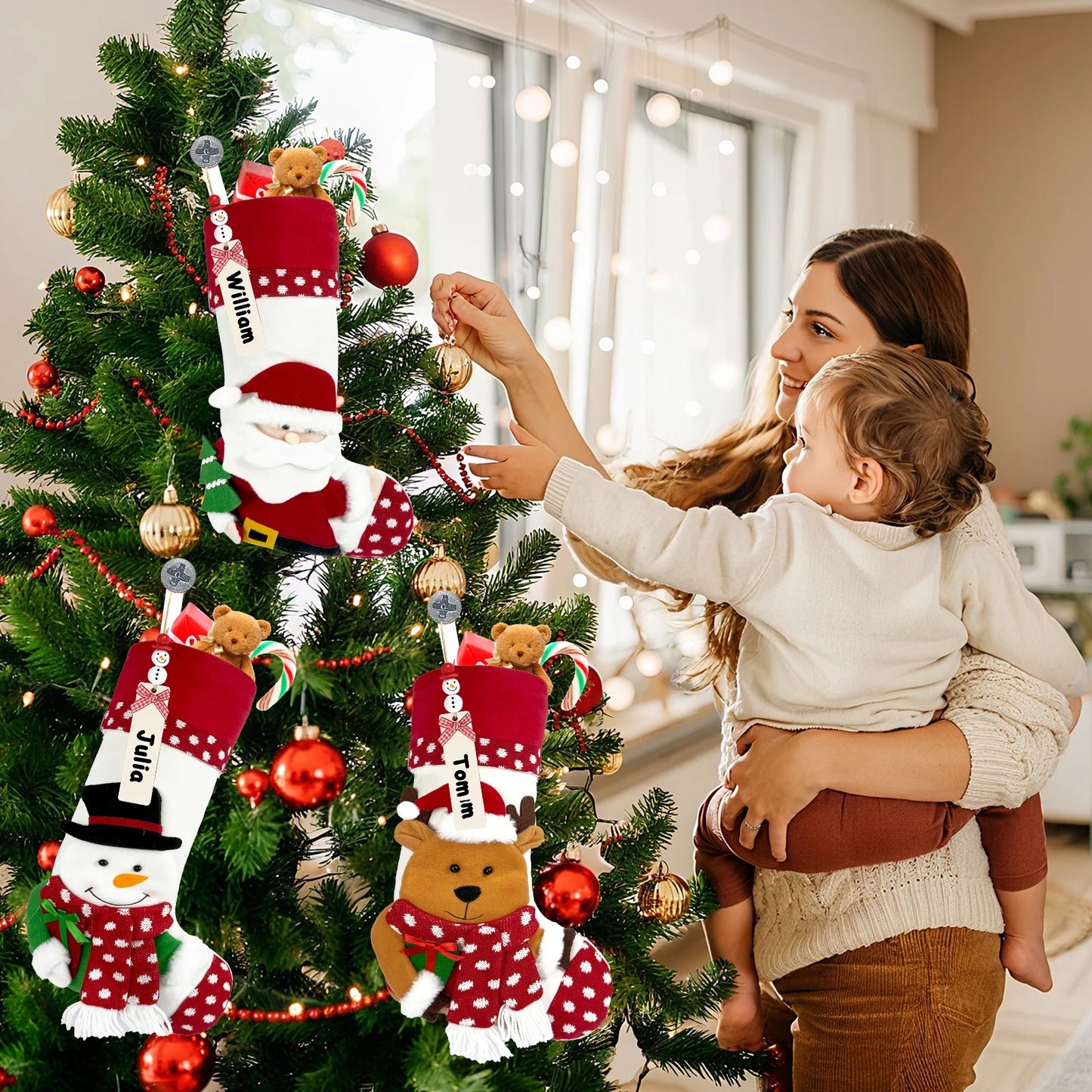 2025 New 4 Pack Christmas Stocking, Large 16’’ Xmas Stockings Snowflake Santa Snowman Reindeer Penguin and Plush Faux Fur Cuff Stockings for Stairs Fireplace Hanging Xmas Christmas Tree Decor