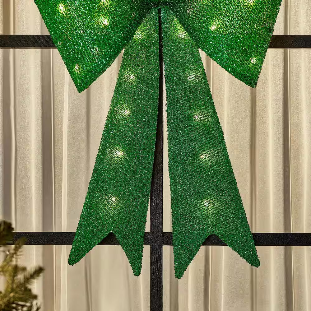 24 In. Yuletide Lane LED Green Tinsel Bow Holiday Yard Decoration