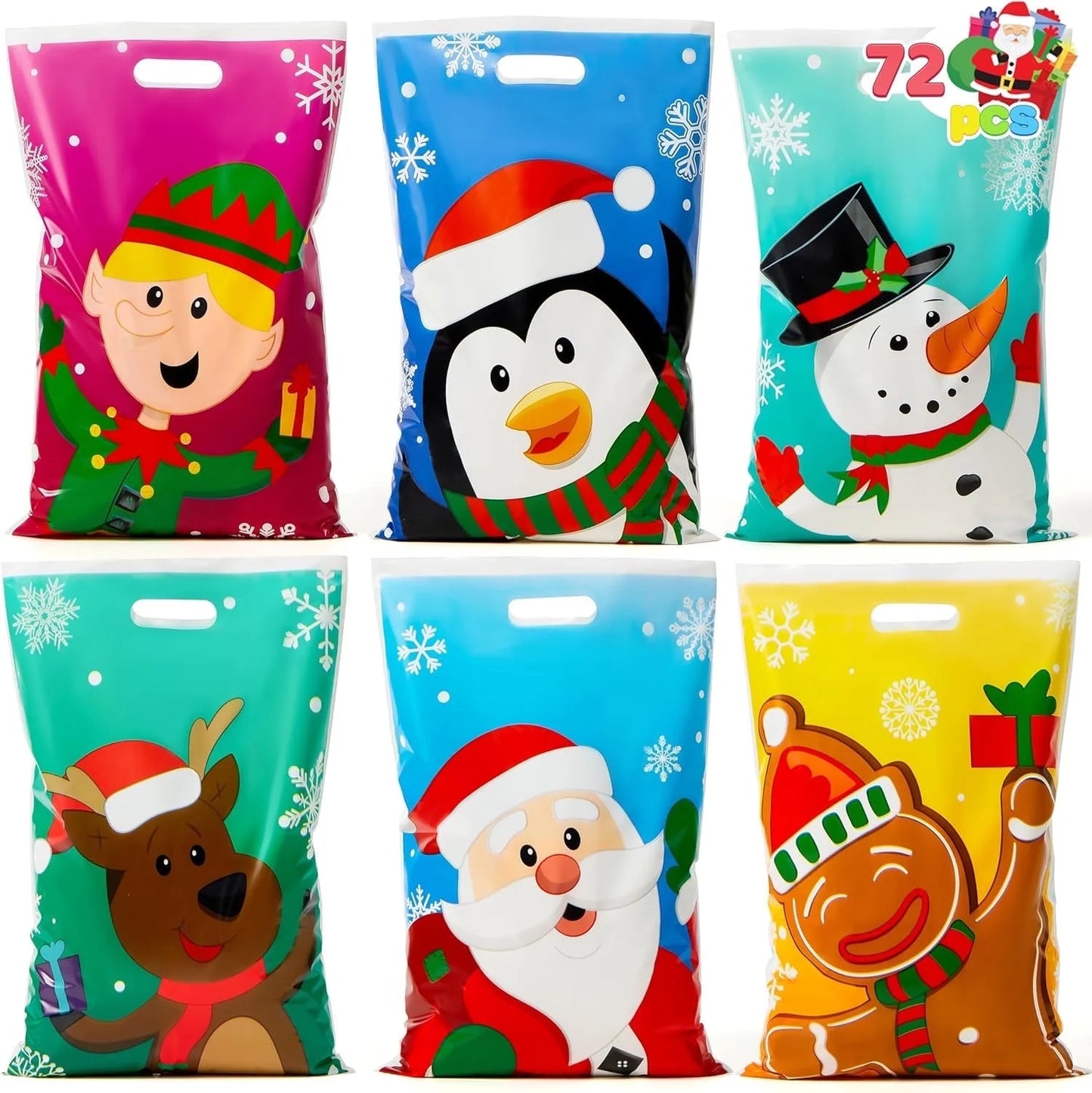 72 Pcs Christmas Bags for Xmas Holiday Goody Gift, 11" X 16"Christmas Snacks Plastic Shopping Bags with Handles for Present Wrapping, Festive Party Favor, Party Decoration Supplies