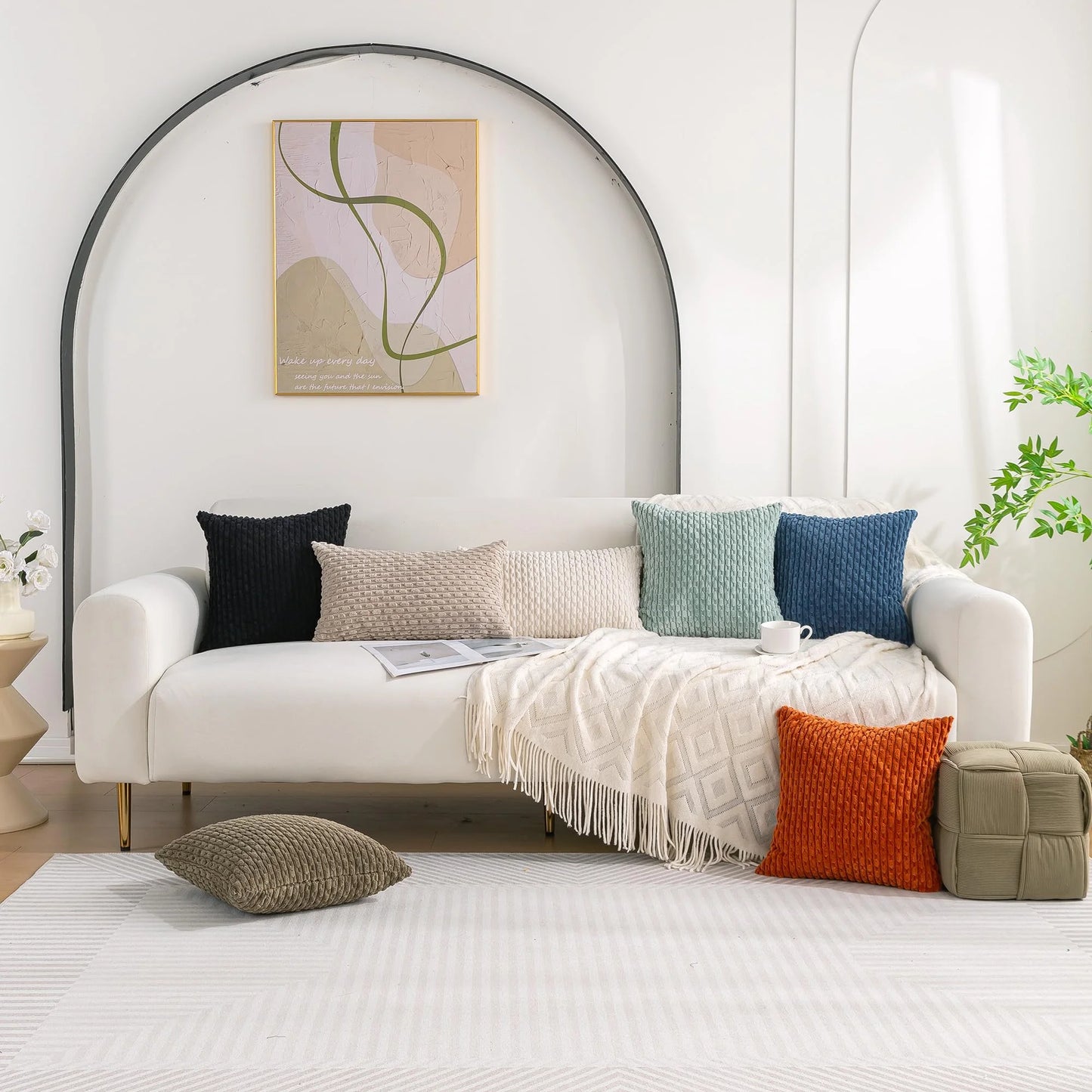 Pack of 4 Throw Pillow Covers 26X26, Christmas Soft Plush Striped Corduroy Couch Pillow Covers, Yellow Rust Aqua