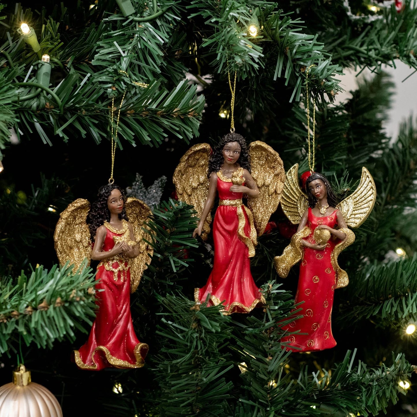 Kurt Adler 4.75" Resin Red & Gold African American Angel Ornament 3/Asstd