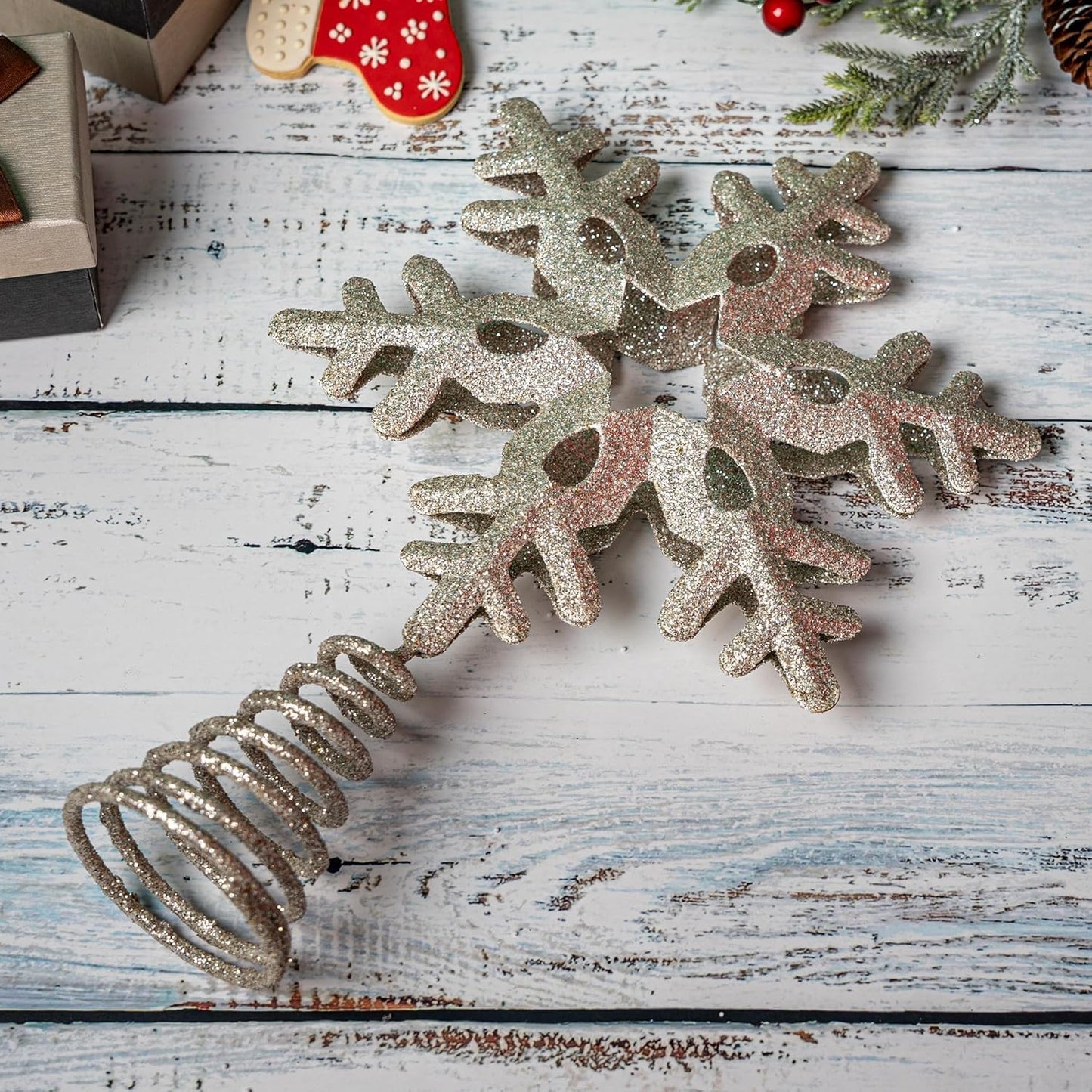 Tree Topper Snowflake, 13.25" Silver Glittered Christmas Tree Topper Decor, Christmas Tree Top Ornament Perfect for Any Size Xmas Tree