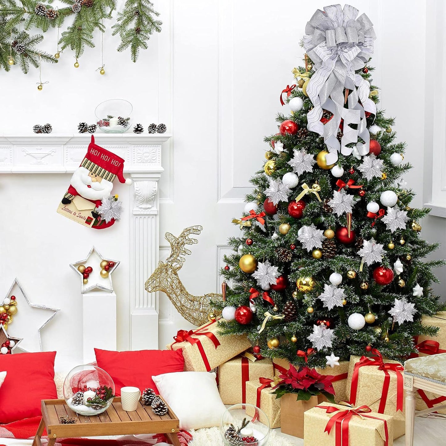 Christmas Tree Topper Decorations 34X12 Inch Large Christmas Bows Tree Ornaments and 24 Pcs Christmas Tree Flowers for Christmas Holiday Party Decorative (Silver)