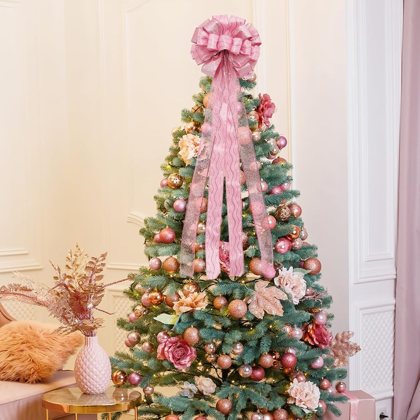 Christmas Tree Topper, 32X12 Inches Large Toppers Bow with Glitter Satin Mesh Streamer, Pink Christmas Tree Topper for Christmas Home Decoration (Pink),Circle Tree Topper