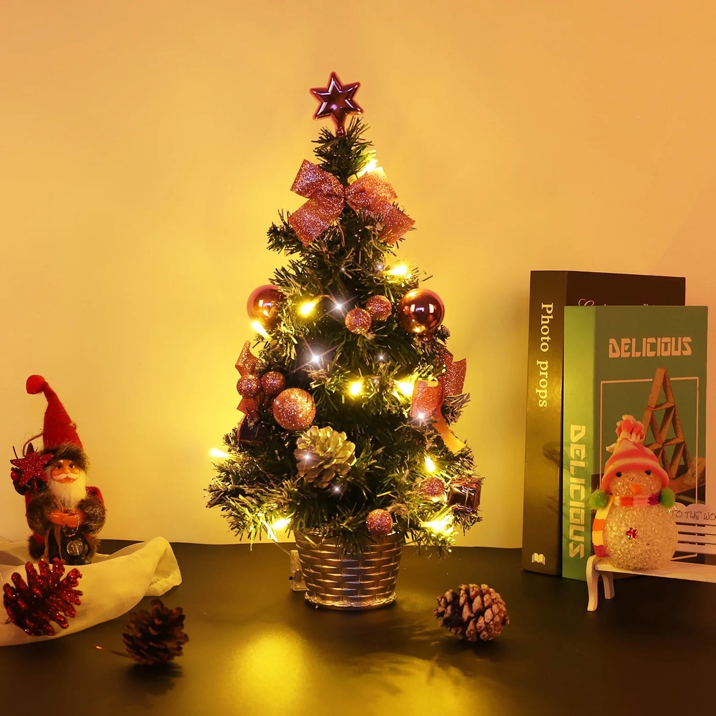 Mini Christmas Tree, 18" Artificial Small Christmas Tree with LED String Lights, Tabletop Christmas Tree with Pine Cones Christmas Balls Ornaments for Christmas Decorations