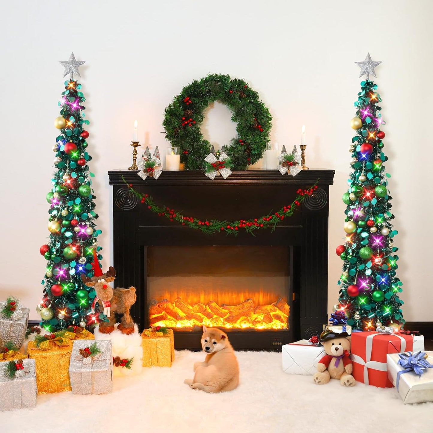 Pop up Christmas Tree with Lights, Collapsible Tinsel Xmas Tree Decorations, Pencil Christmas Tree Skinny Tree for Holiday Xmas Home Office Decor, 30 Balls, 5Ft, Peacock Blue