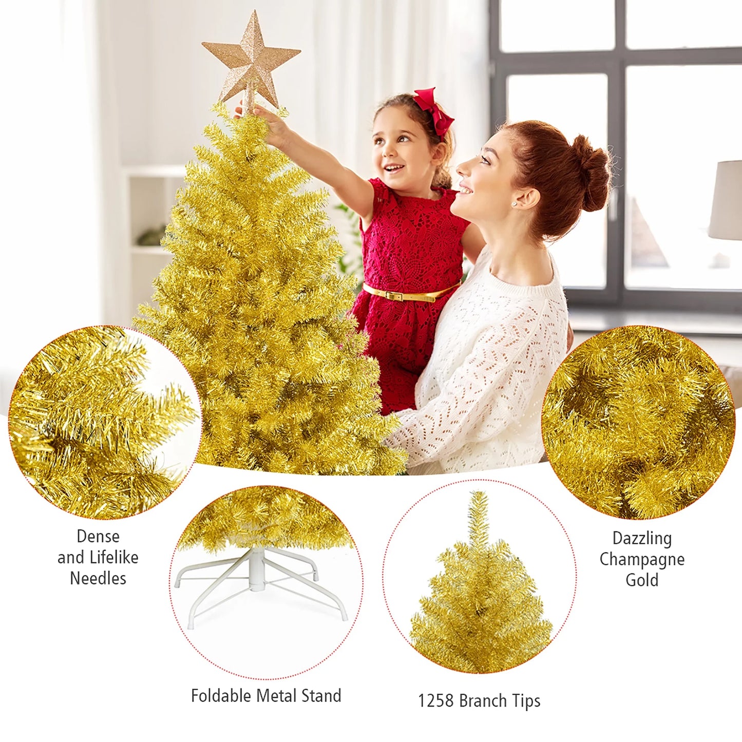 7.5Ft Artificial Tinsel Christmas Tree W/1258 Tips Foldable Stand Champagne Gold