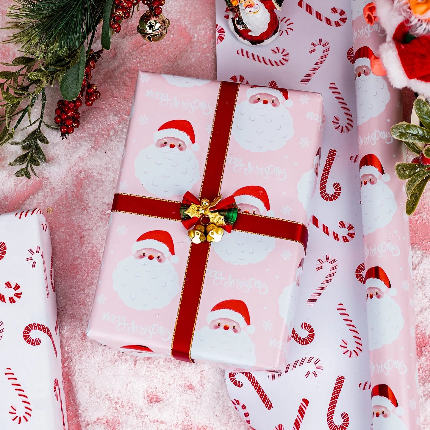 Christmas Wrapping Paper Roll - Pink Gift Wrap with Santa Claus Head, Snowflake, "Merry Christmas" Letters and Candy - Perfect for Christmas - 17 Inch X 33 Feet