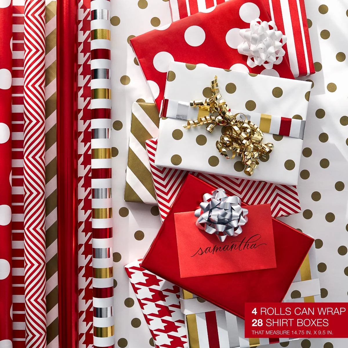 Reversible All-Occasion Wrapping Paper, Red and Gold Patterns (4 Rolls, 120 Sq. Ft)