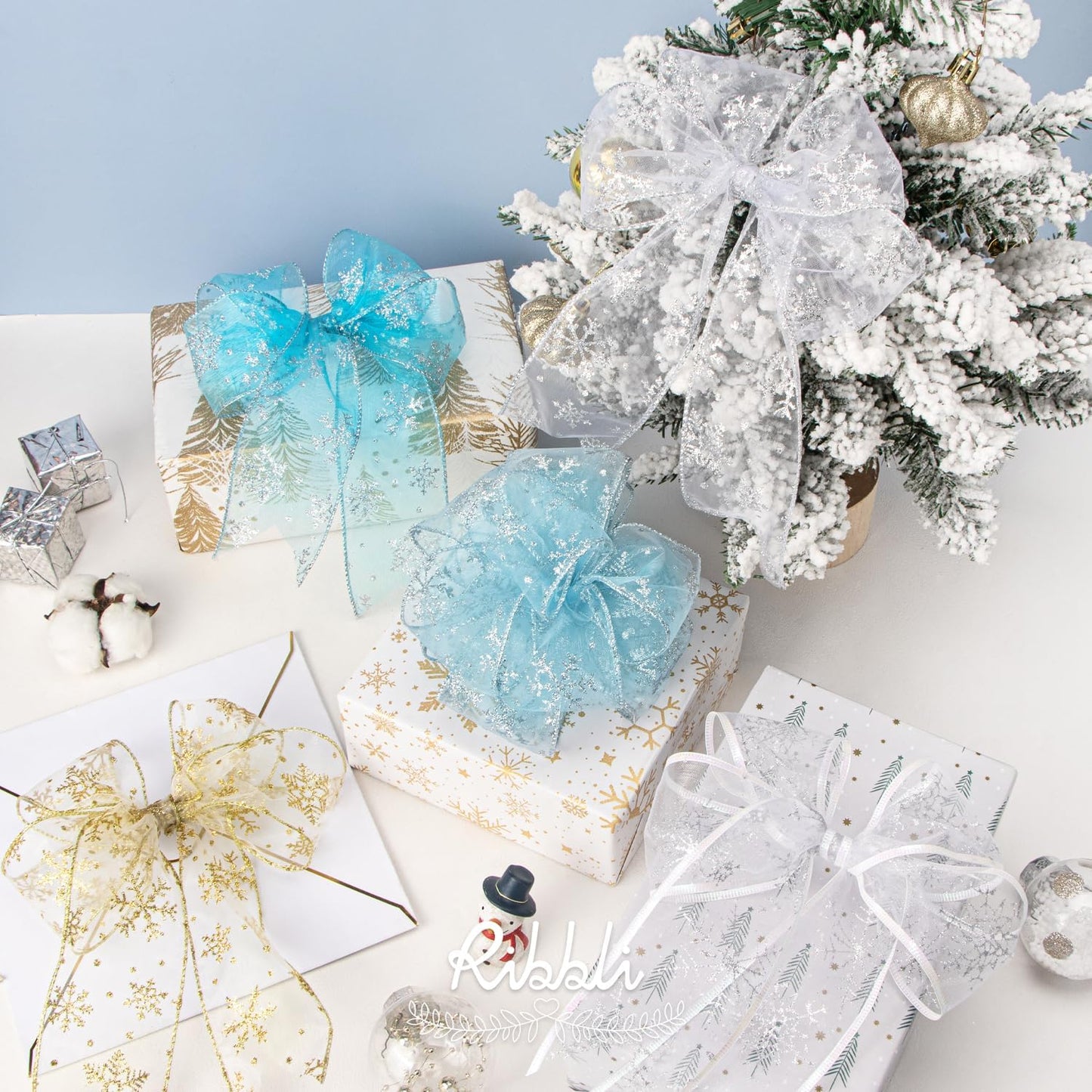 Snowflake Glitter Wired Ribbon,Turquoise Blue Organza Sheer with Silver Glitter Snowflake Pattern and Silver Metallic Edge,2-1/2 Inch X 10 Yards Christmas Ribbon for Tree Decoration