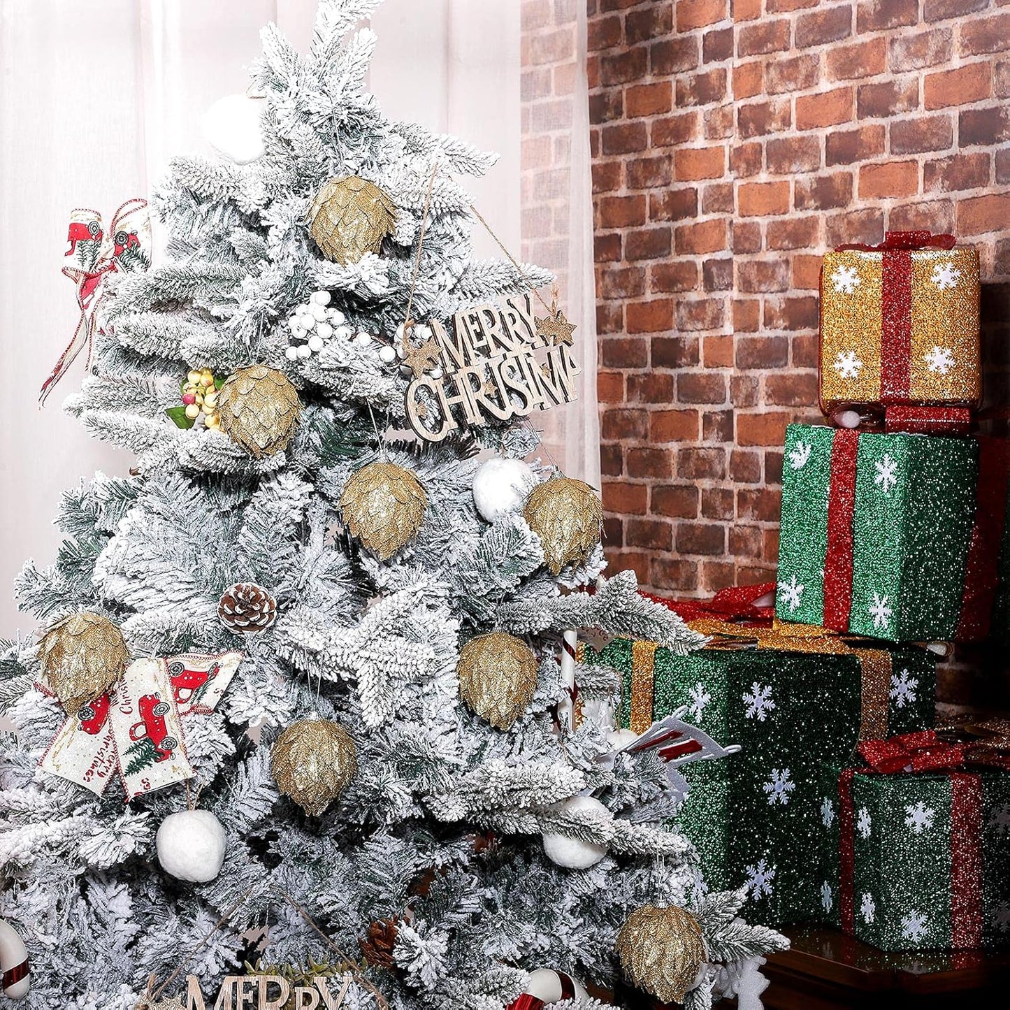 8 Pieces Christmas Ornaments Glitter Christmas Tree Hanging Decoration Decorative Artificial Pine Cones Flowers Hanging Ornaments for Winter Wreath Holiday Decor(Gold)