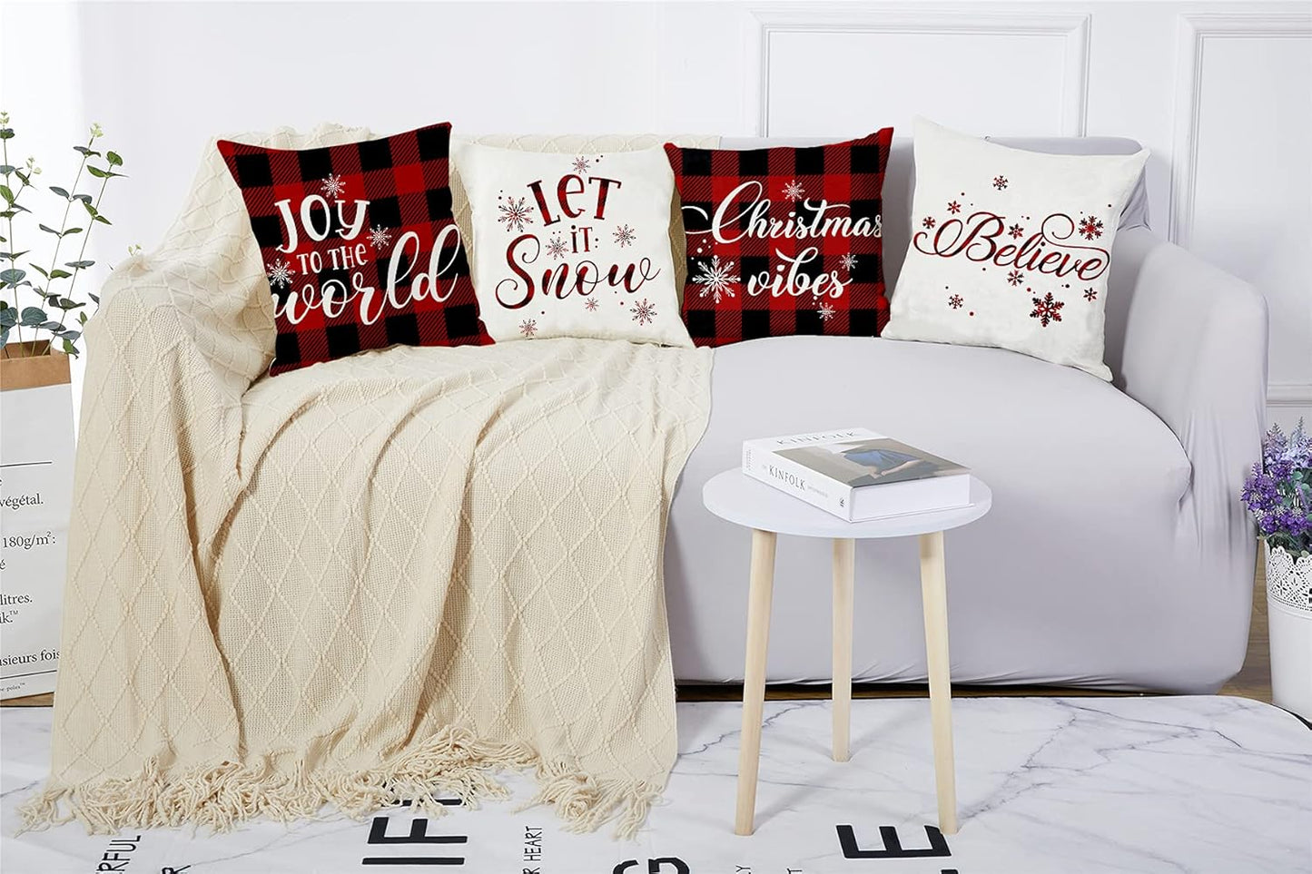 22X22 Christmas Pillow Covers, Decorative Farmhouse Christmas Vibes Believe Buffalo Plaid Let It Snow Outdoor Pillow Shams Cases Slipcovers Set of 4 for Couch Sofa