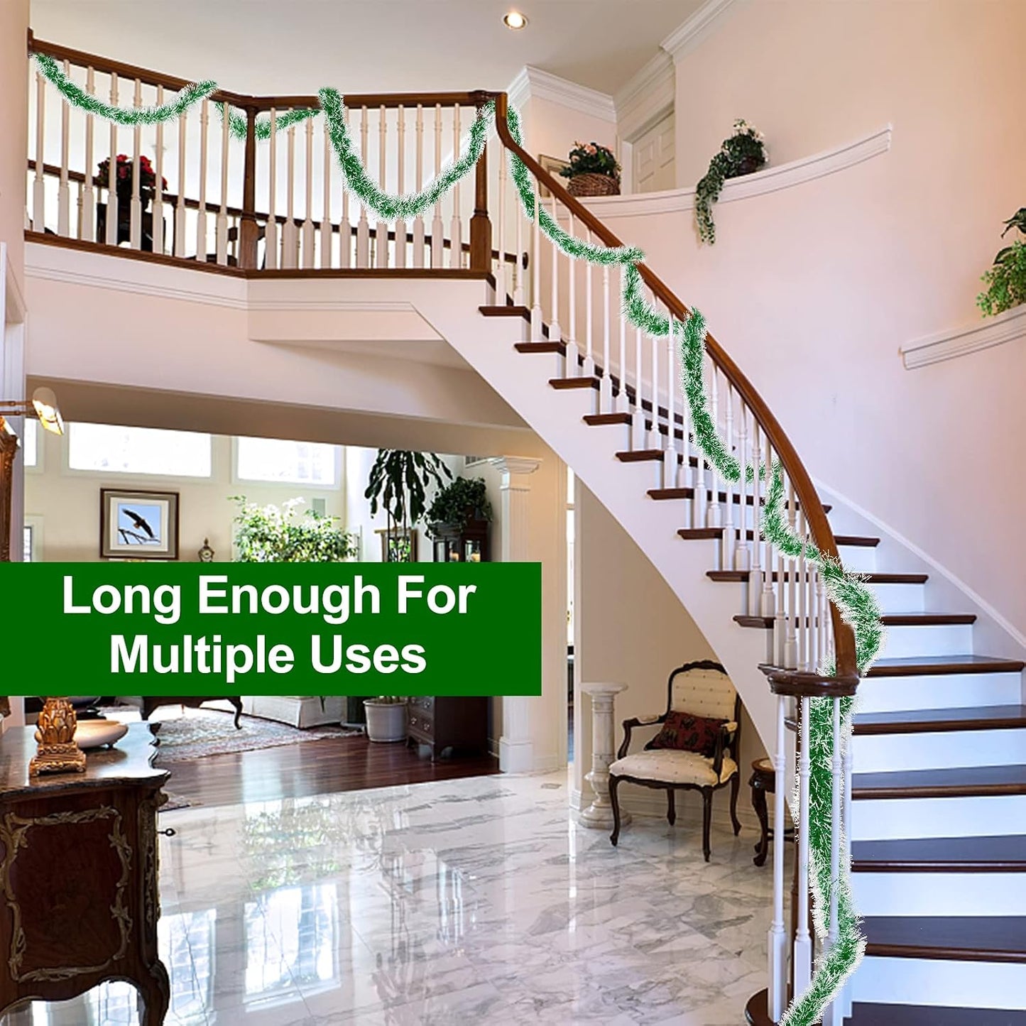 5 String Total 50 Ft Green Christmas Tinsel Garland Xmas Tree Decorations Christmas Metallic Twist Garland Hanging Decorations Indoor Outdoor Christmas Party Supplies, Each 10 Ft by 4 Inch