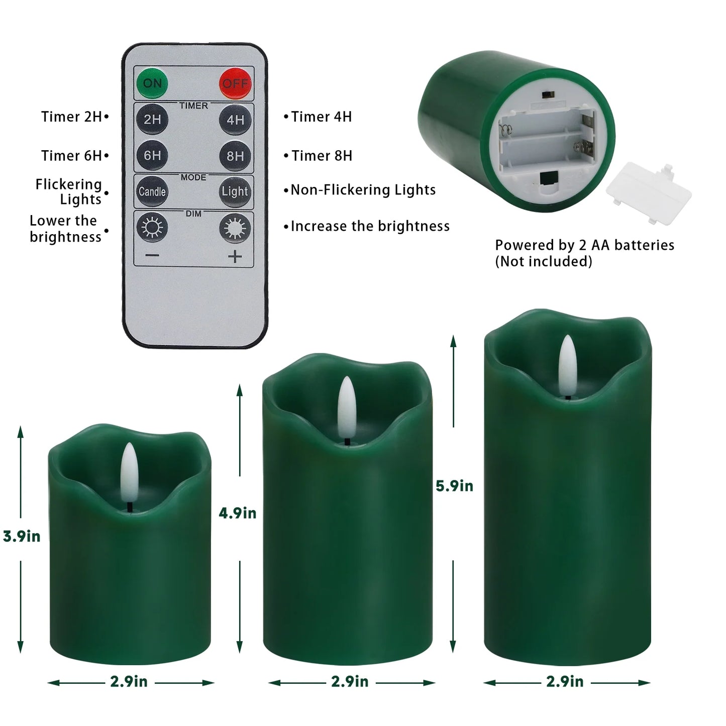 Flameless Candles Lights, Set of 3 Green Flickering LED Candles with Remote & Timer, Dimmable LED Pillar Candles Battery Operated, Electric Candles for Halloween Thanksgiving Christmas Decor