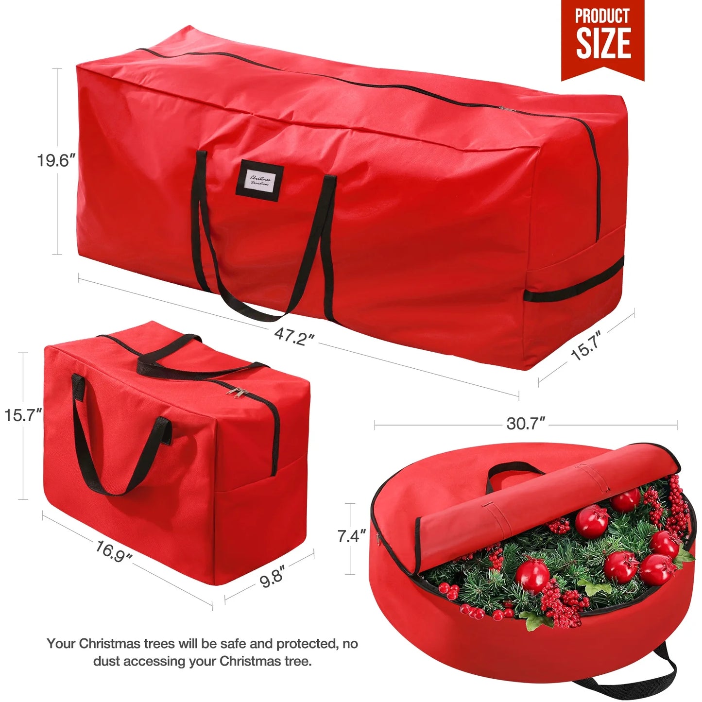 3Pcs Christmas Tree Storage Bag, Christmas Tree Bag for 7.5 FT Artificial Trees, Durable Waterproof with Reinforced Carrying Handles (Red)