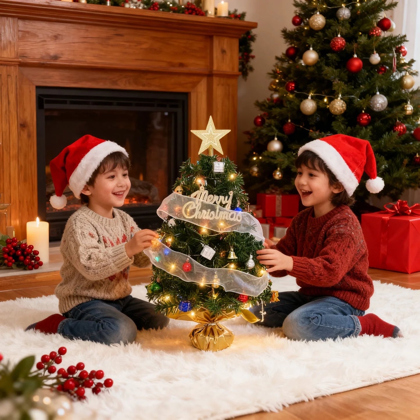 18" Pre-Lit Mini Christmas Tree with LED Lights & Ornaments – Battery Operated Tabletop Artificial Christmas Tree for Indoor Holiday Decor, Home & Office