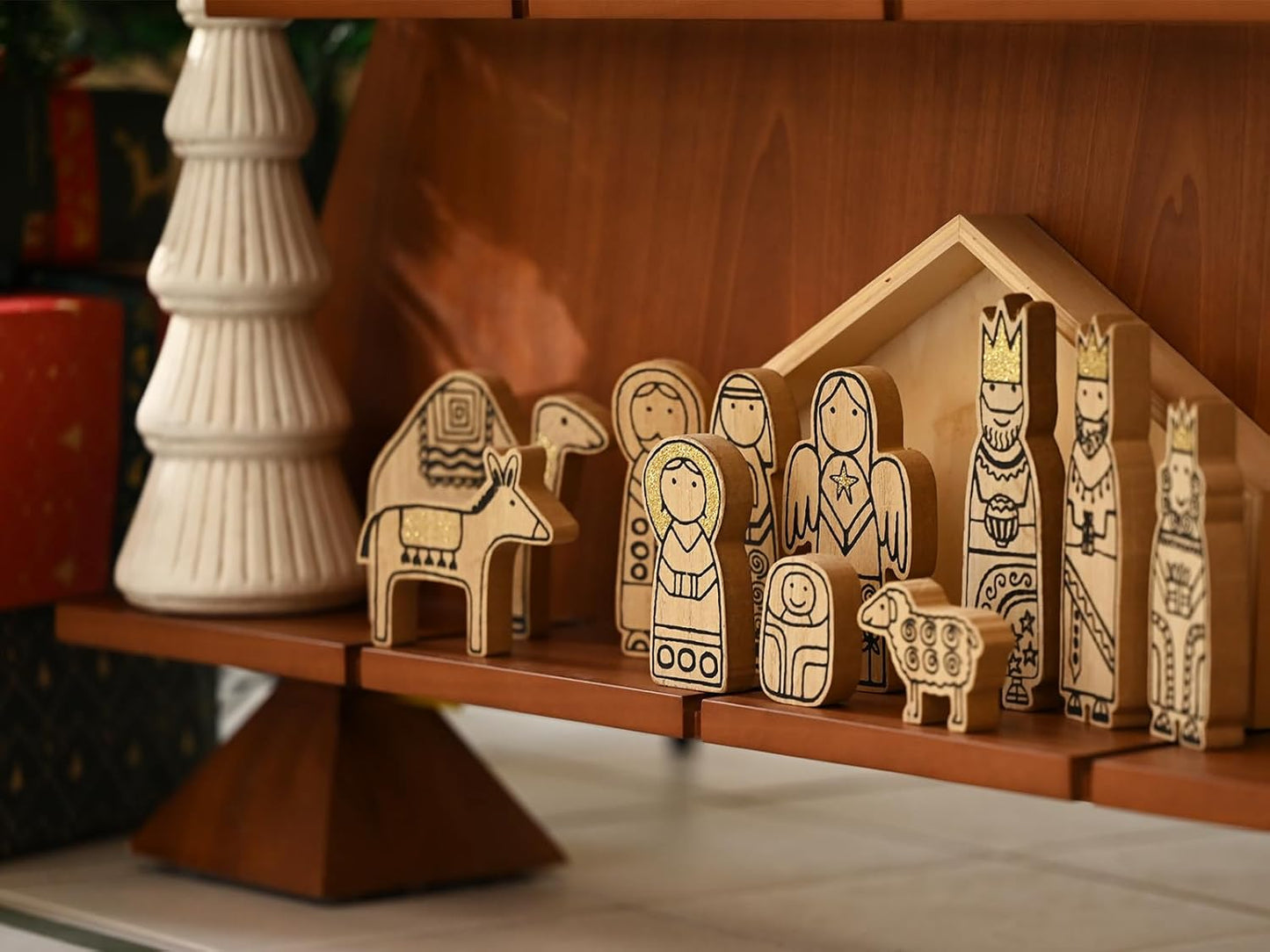 Wooden Nativity Set,12Pcs Christmas Tabletop Scene-7" Tall, Small Nativity Ornament for Christmas Decor,Paintable Wood Nativity Sets&Figures,Unique