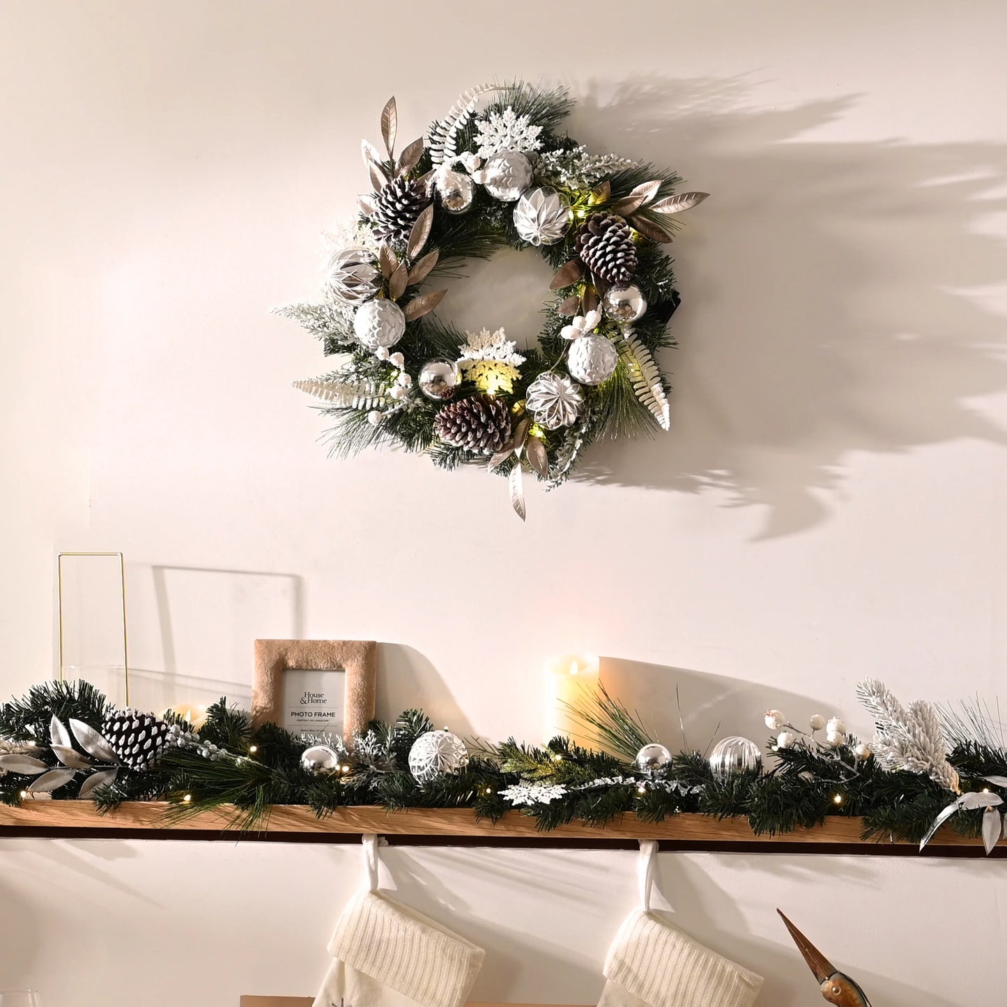 24 Inches Pre-Lit Christmas Wreath Silver White Lighted Wreath with Pine Cone & Snowflake & Silver White Ornament Perfect Gift for Wedding Valentine'S Day Party Front Door Decoration