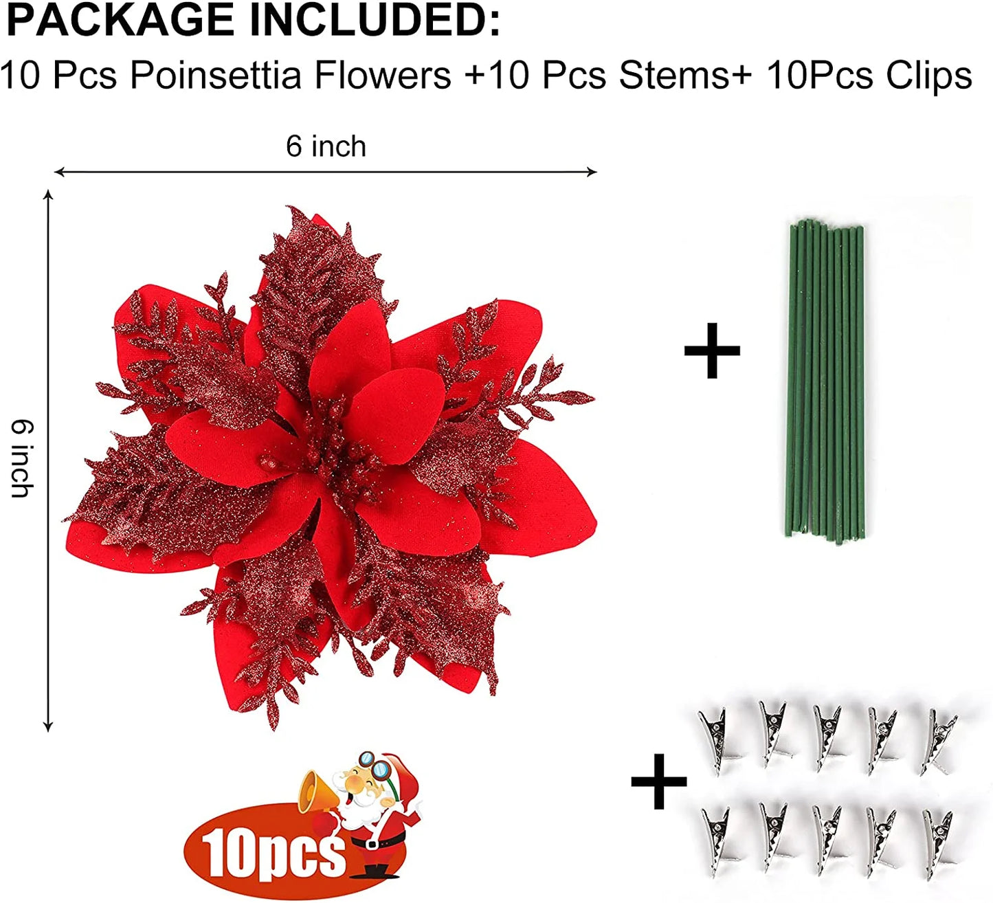 10 Pcs Christmas Glitter Poinsettia Faux Flowers Christmas Flowers Decorations Wedding Xmas Tree New Year Ornaments (Light Red)