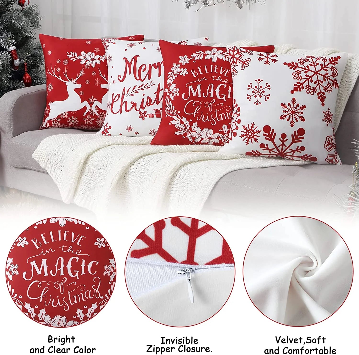 4 Pack Buffalo Plaid Home Snow Throw Pillow Cover 18 X 18 Inch Velvet Christmas Winter Holiday Snowflake Cushion Case Decoration for Sofa Couch Joyful Believe for Couch Sofa