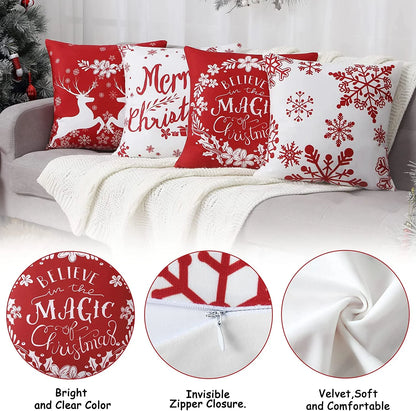 4 Pack Buffalo Plaid Home Snow Throw Pillow Cover 18 X 18 Inch Velvet Christmas Winter Holiday Snowflake Cushion Case Decoration for Sofa Couch Joyful Believe for Couch Sofa