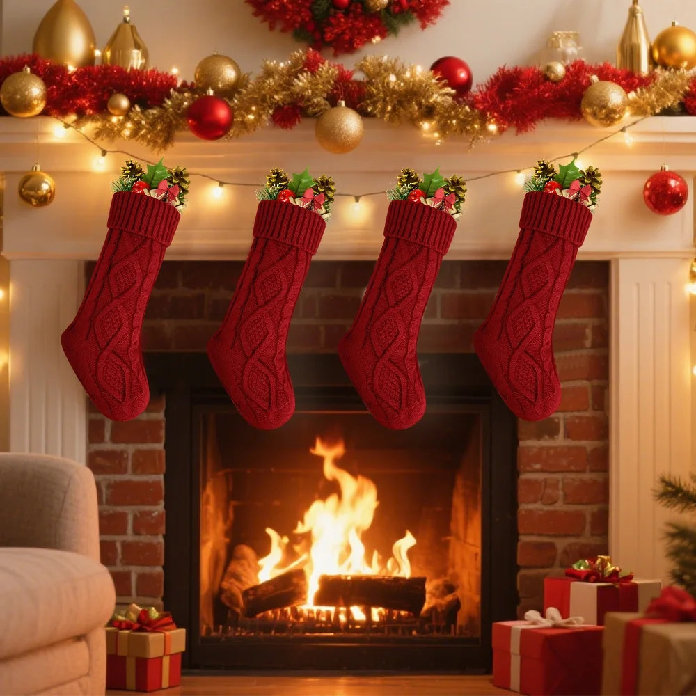 4PACK Christmas Stockings, Knitted Stocking for Holiday Christmas Party Family Decorations (Red )