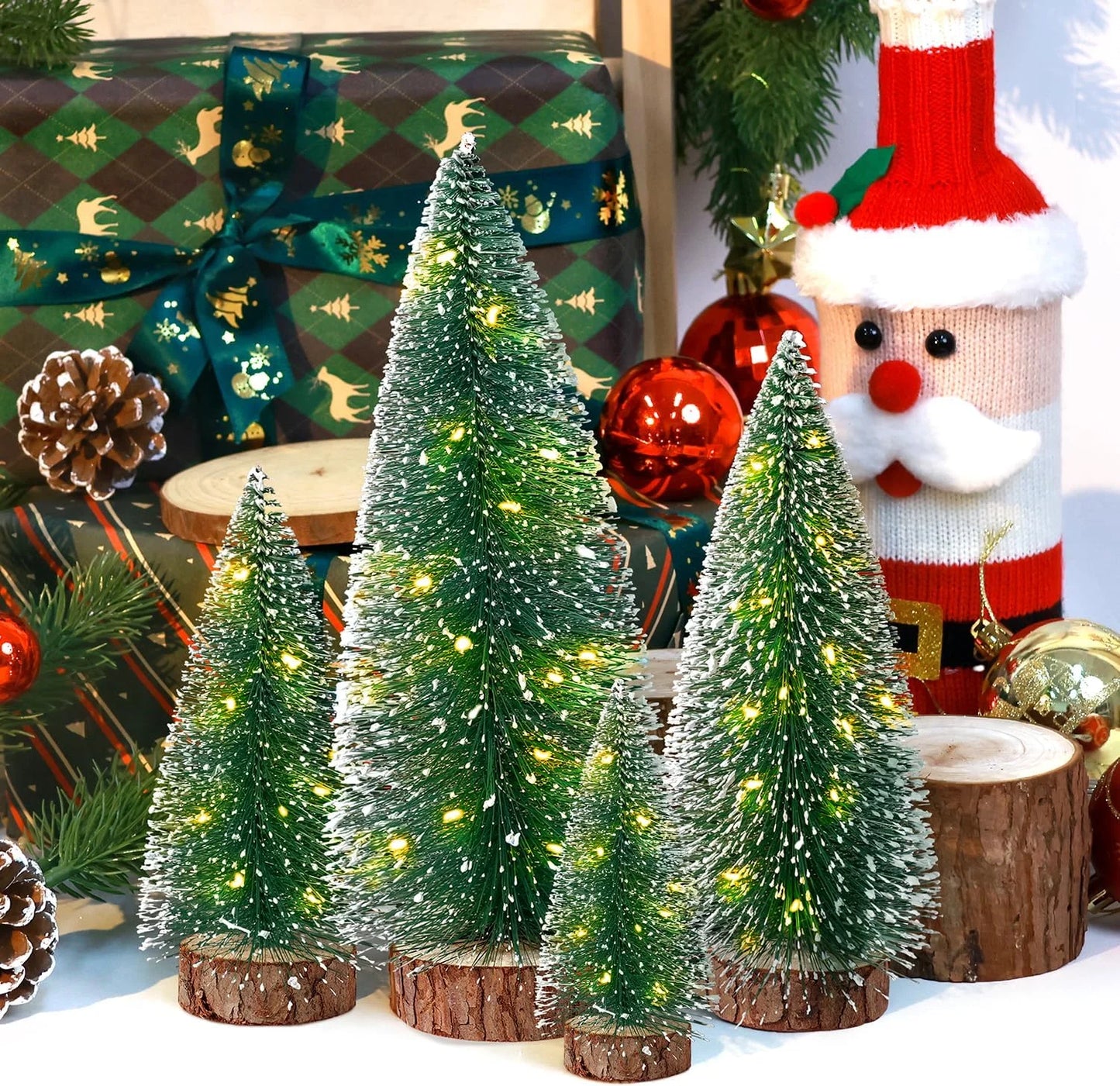 4Pcs Mini Christmas Tree Decorations, Small Christmas Tree Desktop Snow Miniature Pine Tree Tabletop Christmas Tree Small Pine Tree Xmas Decor