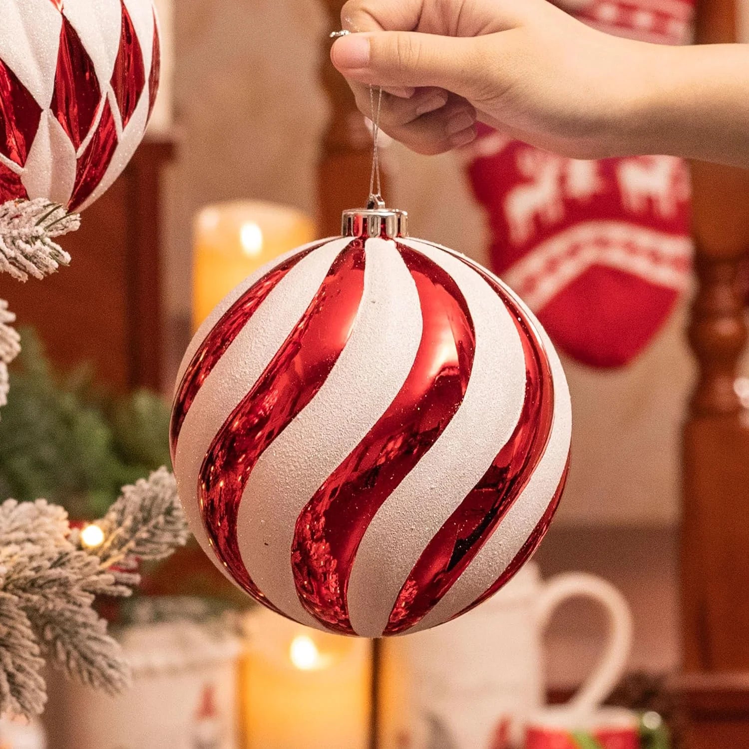 4Ct 5.9" Christmas Ornaments, Red White Christmas Ball Ornaments for Holiday Party Decor