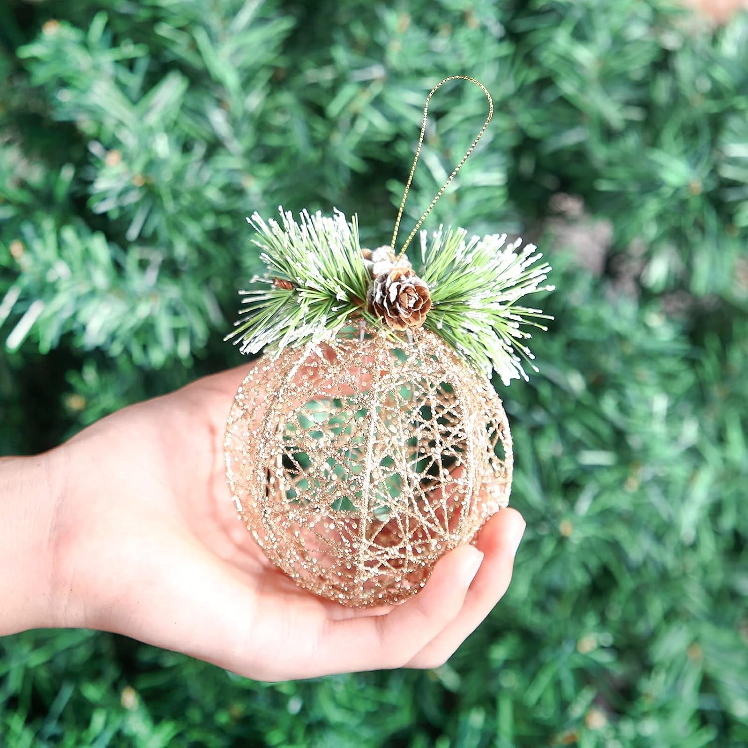 Christmas Ball Ornaments, 4Pc Set Champagne Pinecone Rattan Thread String Christmas Tree Ornament Xmas Trees Wedding Party Decorations