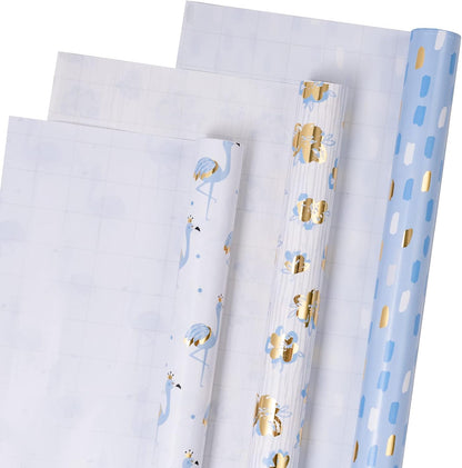 Gold Foil Wrapping Paper - Mini Roll - Flower/Flamingo/Terrazzo Print for Wedding, Bridal Shower, Birthday - 17 X 120 Inches - 3 Rolls (42.5 Sq.Ft.Ttl.)