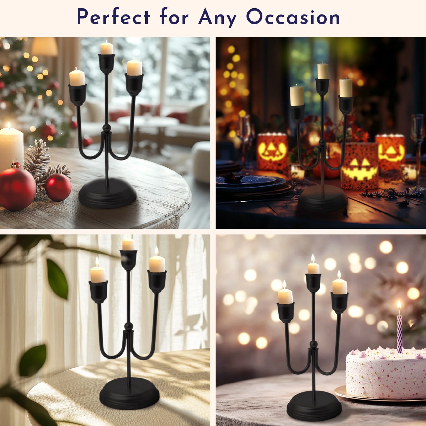 3-Arm Black Metal Taper Candle Holder – Elegant Gothic Decor for Halloween, Mantel, Kitchen Table, Wedding, or Party, 9"