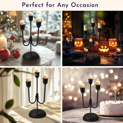 3-Arm Black Metal Taper Candle Holder – Elegant Gothic Decor for Halloween, Mantel, Kitchen Table, Wedding, or Party, 9"
