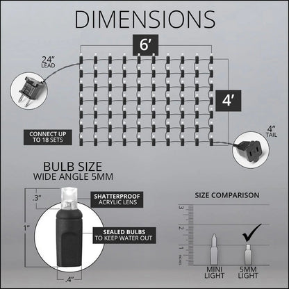Cool White Twinkle Net Lights LED Mesh Lights Christmas String Lights, 4' X 6', 100 Lights - Green Wire