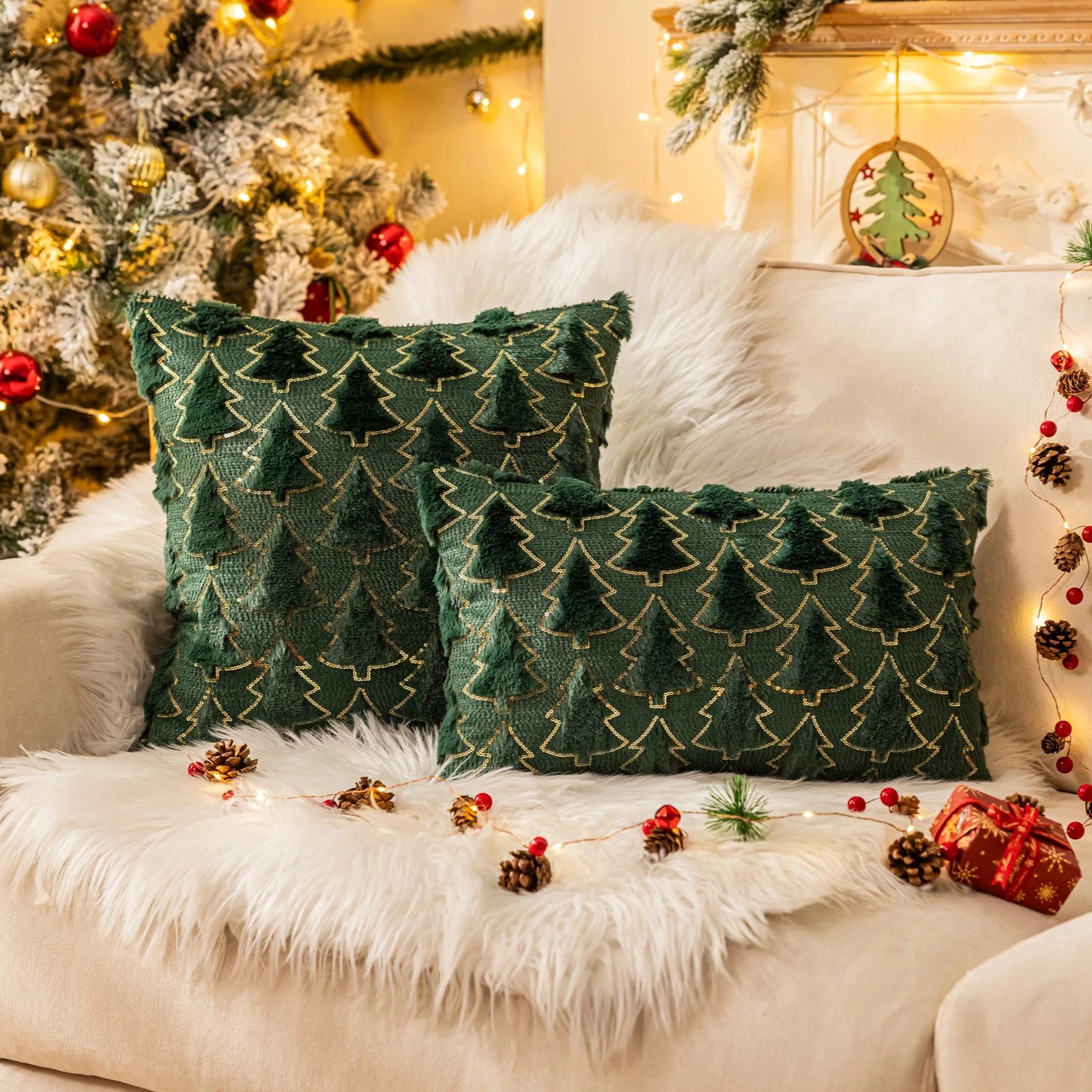 Christmas Tree Throw Pillow Covers, Soft Faux Fur Sequins Throw Pillows for Couch Sofa Bed Room Cushion Covers Holiday Decorations
