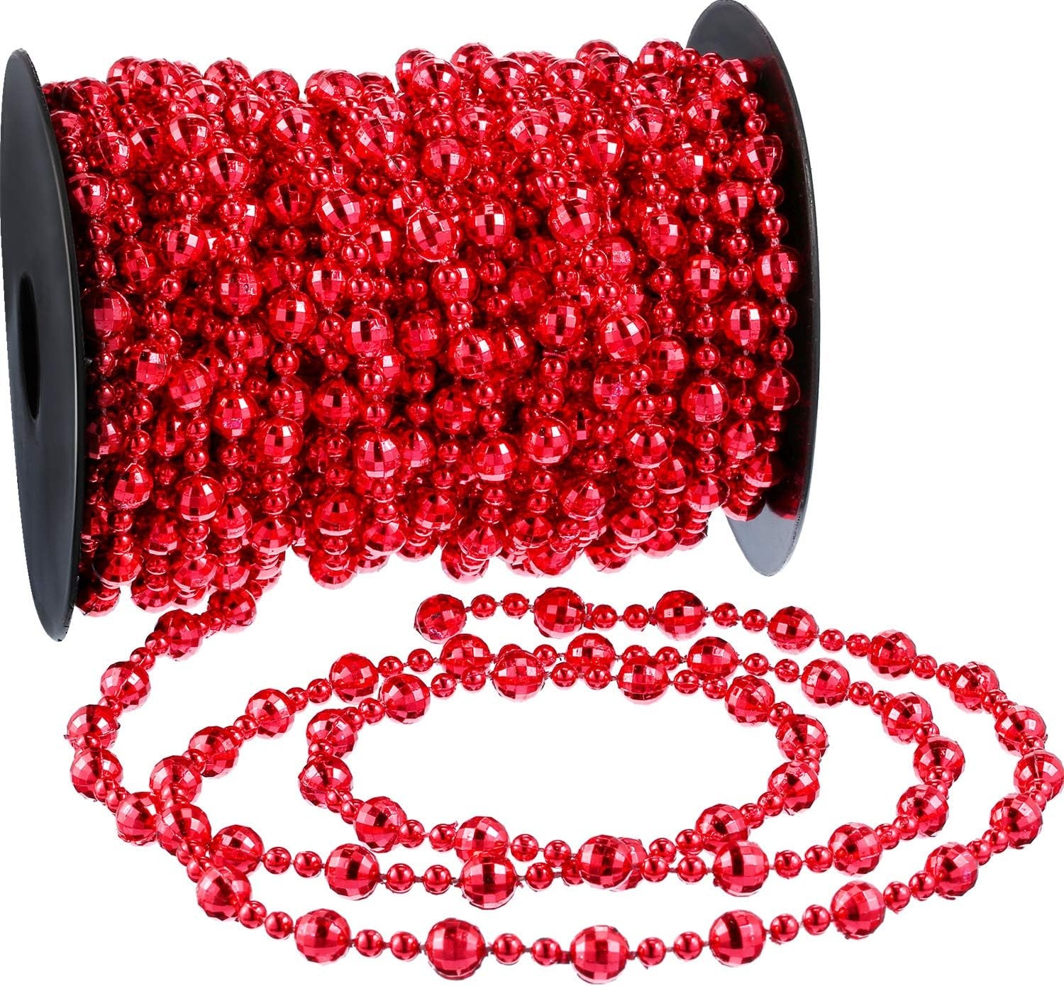 49 Ft Beaded Garland for Christmas Tree Plastic Artificial Pearl Strands String Beads Trim Roll Chain for Xmas DIY Craft Party Decoration Table Centerpiece Wedding Bouquet(Red)