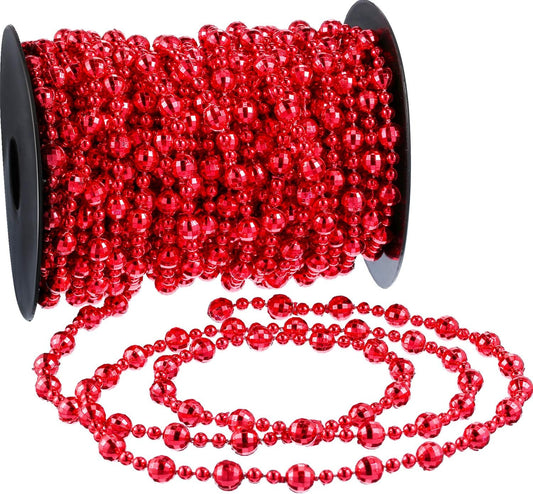 49 Ft Beaded Garland for Christmas Tree Plastic Artificial Pearl Strands String Beads Trim Roll Chain for Xmas DIY Craft Party Decoration Table Centerpiece Wedding Bouquet(Red)