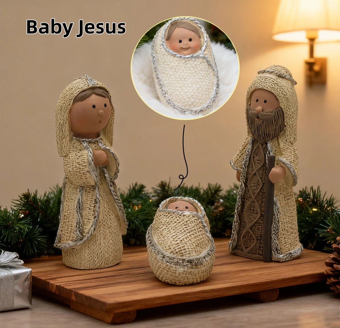 Nativity Knit Set Indoor - 9 Pcs Holy Family Figurines Baby Jesus with Manger, Religious Nativity Figurines Xmas Cable Nativity Scene for Tabletop Props Home Living Room Decor