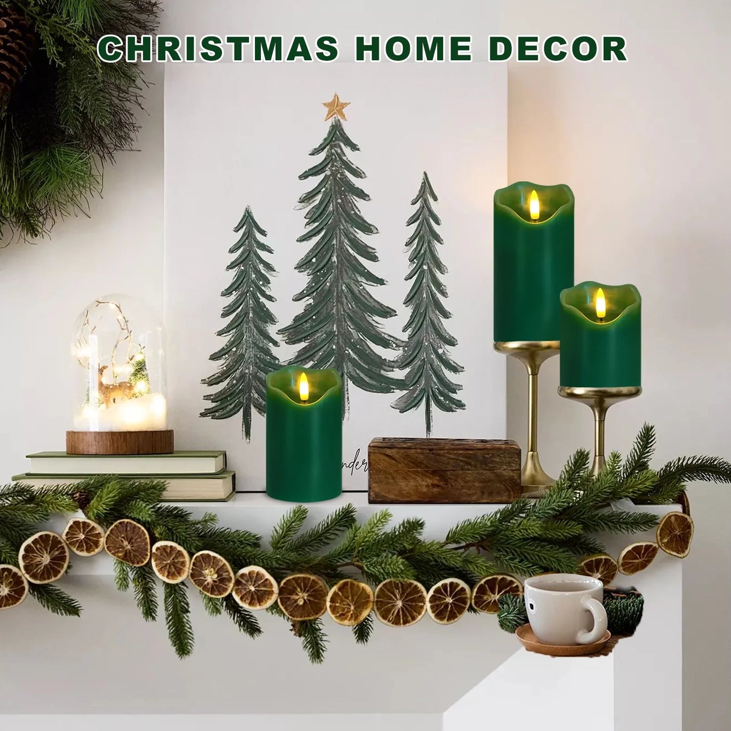 Flameless Candles Lights, Set of 3 Green Flickering LED Candles with Remote & Timer, Dimmable LED Pillar Candles Battery Operated, Electric Candles for Halloween Thanksgiving Christmas Decor