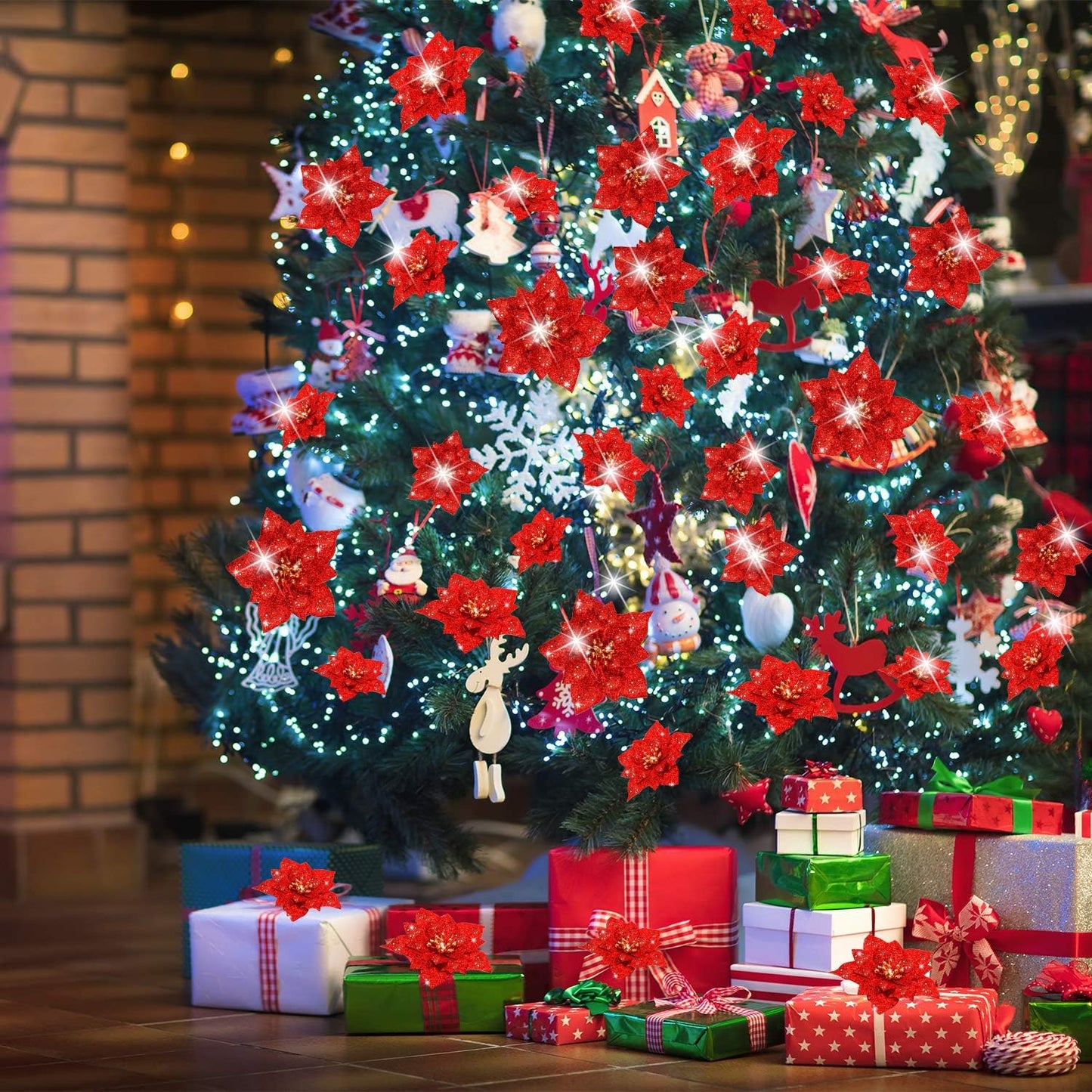 24 Pieces Glitter Poinsettia Artificial Christmas Flowers Poinsettia Decorations Wedding Christmas Tree Ornaments, 3/4/6 Inches (Red)