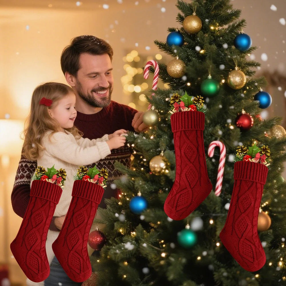 4PACK Christmas Stockings, Knitted Stocking for Holiday Christmas Party Family Decorations (Red )