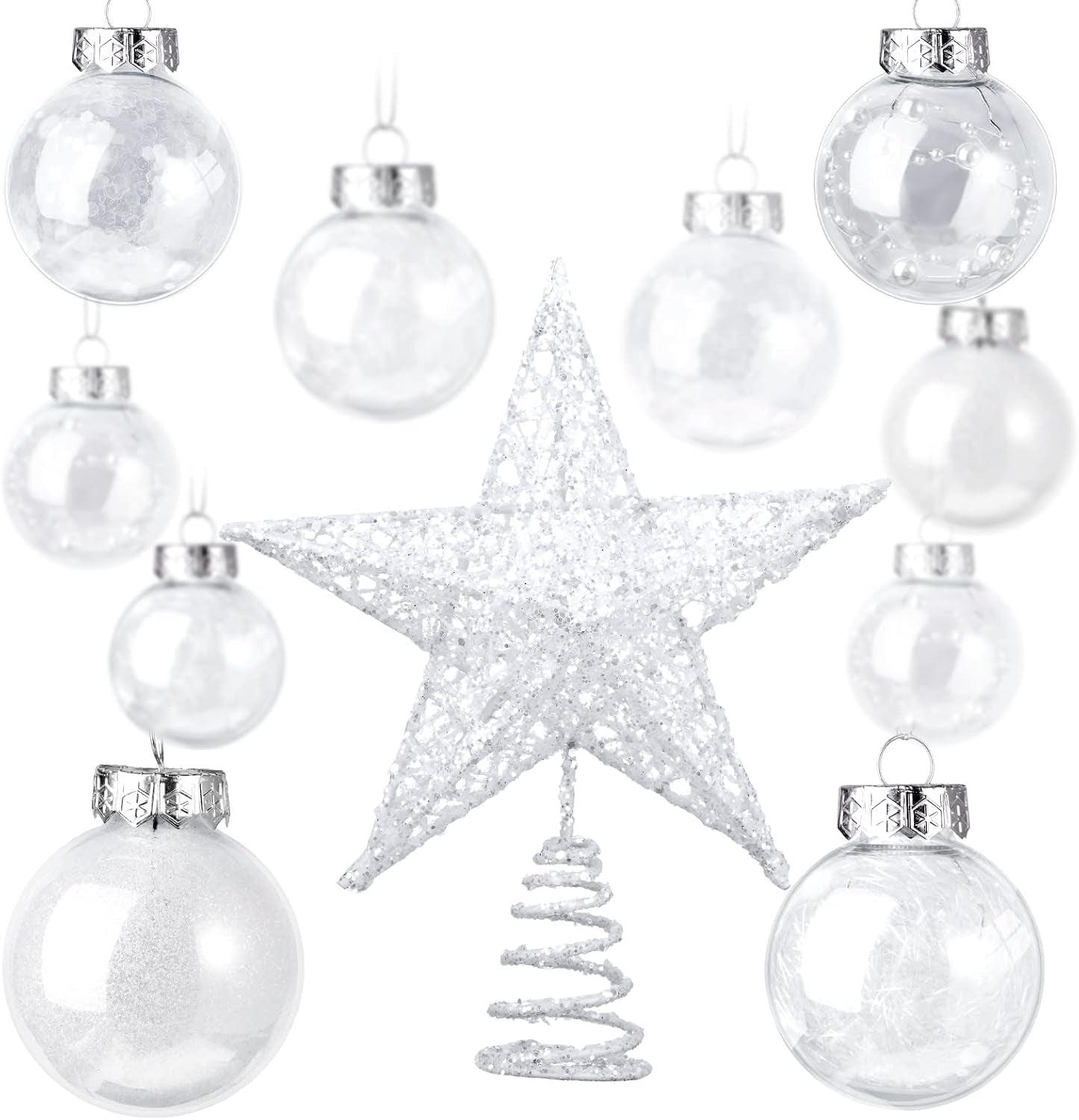 25 Pcs Christmas Ball Ornaments with Star Tree Topper Christmas Tree Decorations with 24 Pcs 2.36 Inch Plastic Ball Ornaments 1 Pack 5.91 Inch Xmas Star Treetop for Home Party(White)