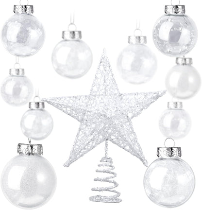 25 Pcs Christmas Ball Ornaments with Star Tree Topper Christmas Tree Decorations with 24 Pcs 2.36 Inch Plastic Ball Ornaments 1 Pack 5.91 Inch Xmas Star Treetop for Home Party(White)