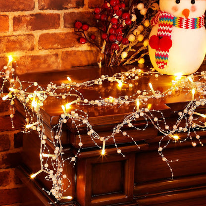10 Feet 30 LED Christmas Light Metal Berry Beaded Garland Indoor Christmas String Lights for Fireplace Mantel Indoor Xma Light Decorations(White)