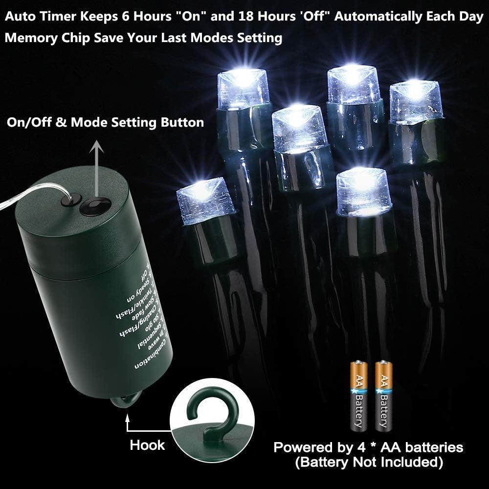 Battery Christmas Lights, 33Ft 100LED Fairy Lights Battery Operated Timer 8 Modes Waterproof for Outdoor Home Garden Party Holiday Christmas Trees Decoration (White)