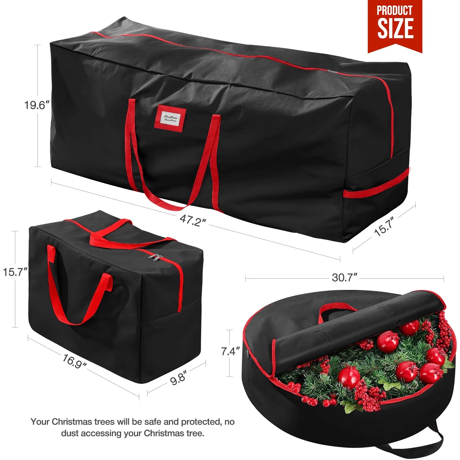 3Pcs Christmas Tree Storage Bag, Christmas Tree Bag for 7.5 FT Artificial Trees, Durable Waterproof with Reinforced Carrying Handles (Black)