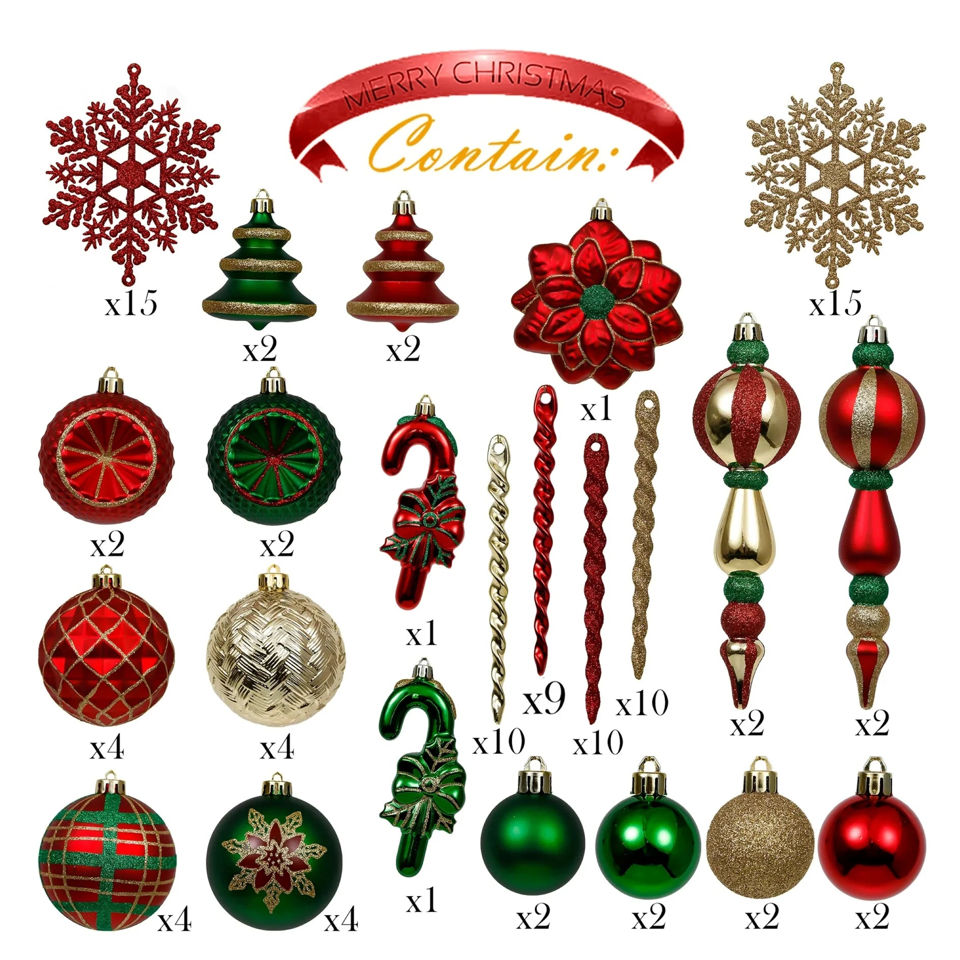 108Ct Christmas Ornaments Set, Red Green Gold Christmas Tree Ornaments for Party Decor
